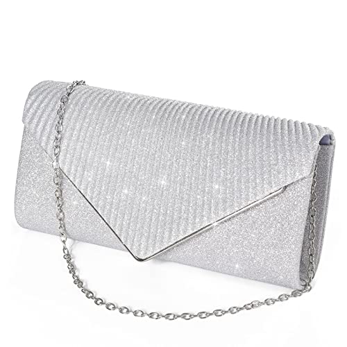 iophi Pochette Argentée avec Coffret Cadeau Exquis Sac de Fête pour Femme avec Chaîne Détachable élégant Sac de Mariée Délicat et étincelant pour Mariage, Bal, Fête