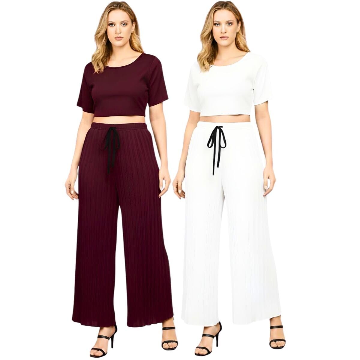Khajuri Cotton Palazzo Pants Combo for Women | Maroon & White | Stretchable Palazzo Pants | Size XXL-image-44