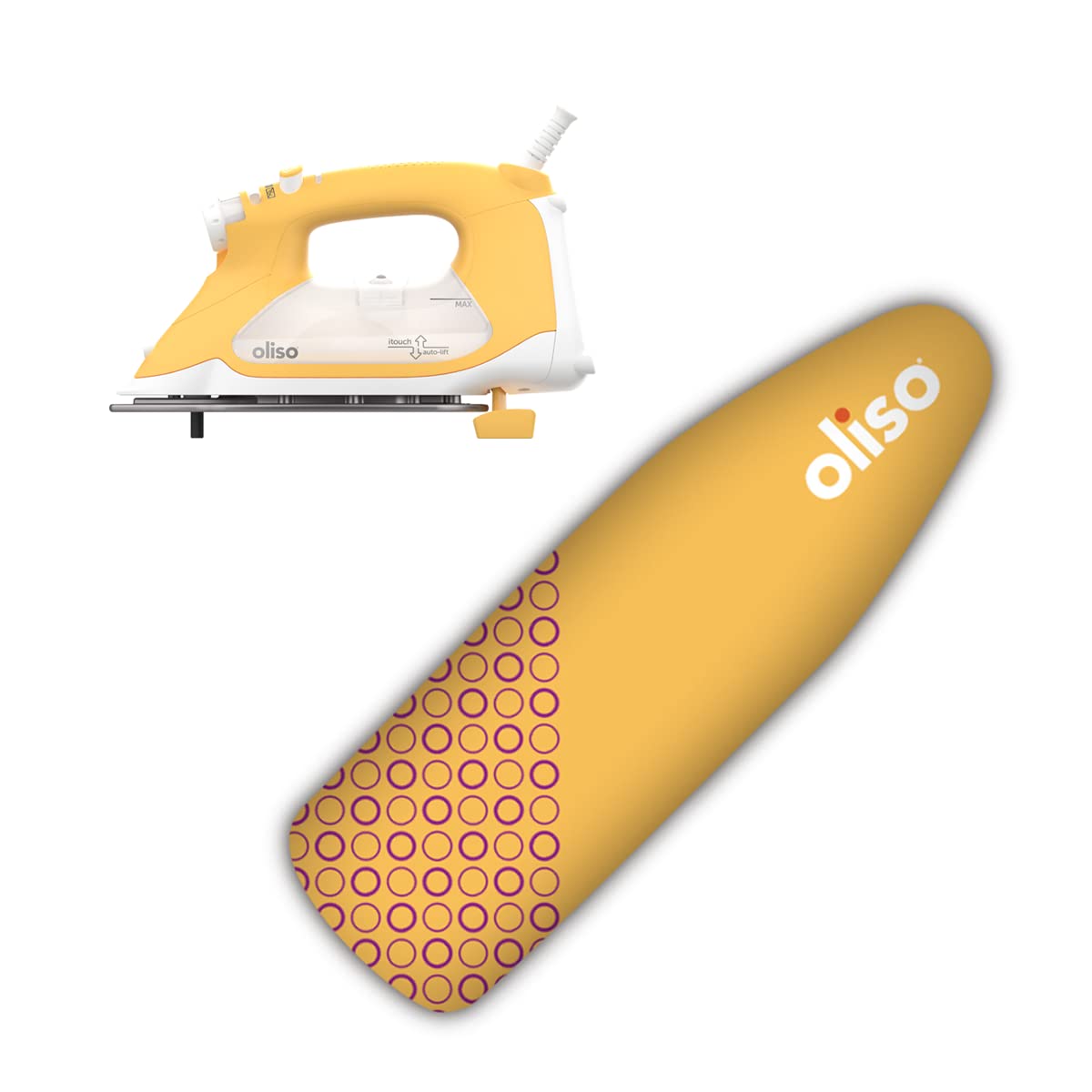 Oliso TG1600 Pro Plus 1800 Watt SmartIron with Auto Lift & OLISO Ironing Board Cover, durable 100% cotton lined with professional grade felt pad, Yellow