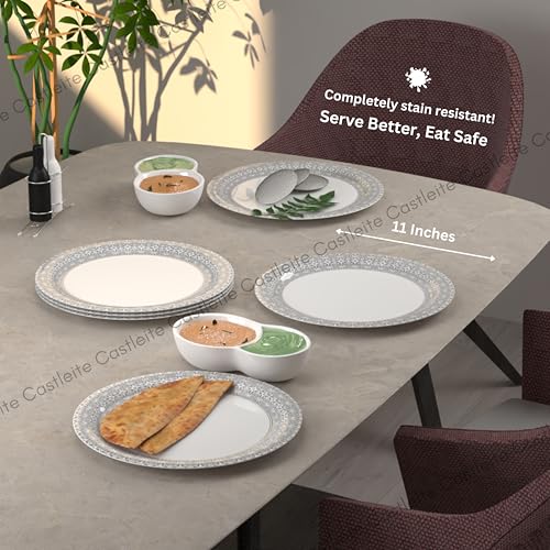 Image of Castleite Piccolo Melamine Plates Set of 6 - Break Resistant, Round Designer Plate for Eating or Serving in Home, Kitchen Use or Cafe, Stainless (Ivory Bloom, Dinner Plate 6 Pcs)