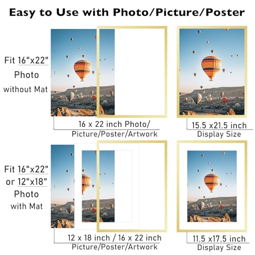 Image of JCJMY 16x22 Picture Frame with 12x18 Mat, Display Photo 12x18 with Mat or 16 x 22 Without Mat, Wall Hanging Large 16 by 22 Poster Frame with Plexiglass, Gold