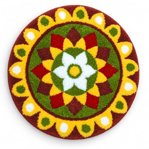 Image of VAS COLLECTIONS Decorative Round Rangoli Mat, Traditional Floral Rangoli Floor Decoration for Pooja Room, Festive Home Decor, Decorative Mat for Entrance, Living Room & Temple, 23 Inches - Moss Green