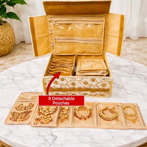 Image of Trendifly Silk Royal Flower Design Jewellery Organiser Bag | Travel Makeup Cosmetic Jewelry Storage Organizer Box For Bridal Women Earrings Bracelet Necklace (Cream Tikki)