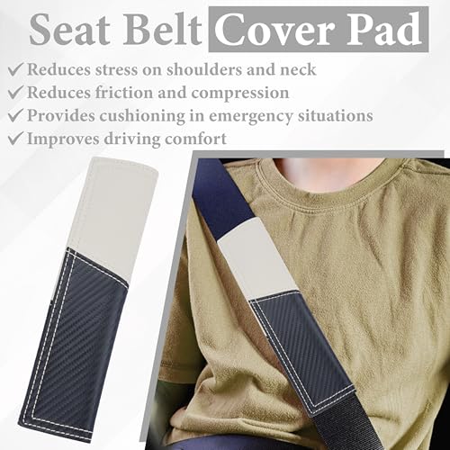ecocstm 2 PCS Car Seat Belt Cover Pad, Carbon Fiber Safety Seatbelt Shoulder Strap Covers, Breathable Leather Soft Harness Pad, Car Accessories Universal for SUV, Truck, RV (Beige & Black - Image 5