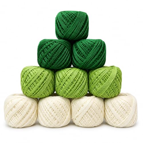 Image of Crochet Cotton Thread Yarn Combo, 10 Rolls for Knitting, Crochet, Embroidery and Craft Making, Soft Decorative Thread for Handmade DIY Projects (Dark Green -Light Green &Cream)