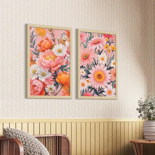 Image of ArtX Paper Floral Art Paintings with Frame for Home Decor, Wall Painting for Living Room, Multicolor, Natural Wood Color Frames, Set of 2