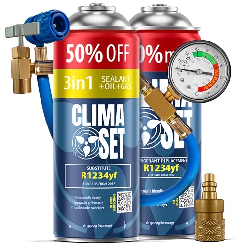 ClimaSet Recambio gas R1234yf   1x235 g   Kit recarga aire acondicionado coche + R1234yf 3in1 1x 235 g   con manguera y adaptador manometro   Gas aire acondicionado coche   ECO