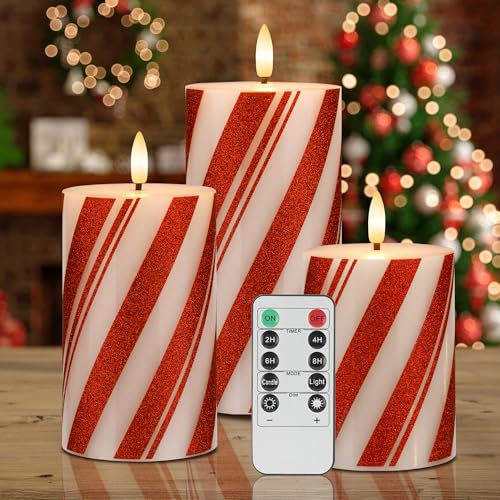 Image of Flameless Pillar Candles with Remote, Battery Operated Red Candy Cane Candles Real Wax, Flat Top Flickering Christmas LED Candle Decorations for Xmas, Home, Party Decor, Set of 3