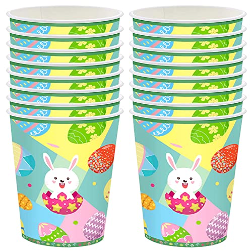 POPOYU 16Pcs Easter Kids Party Paper Cups,Happy Easter Bunny Paper Cups Party Tableware Decoration Green Party Paper Cups Packs Eggs Rabbit Cups for Easter Kids Adult Party Decorations