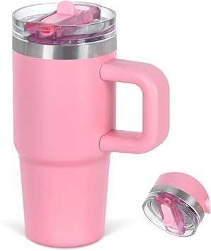 14 Oz Flip Straw Tumbler with Handle for Kids, Stainless Steel Double Wall Insulated Cup for Children with Flip Top Lid, 14 Oz Leak-proof Cups for Kids, Pink