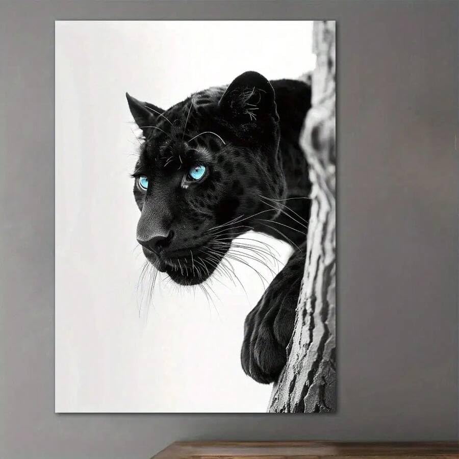 Peinture léopard aux yeux bleus sur toile tendue de haute qualité avec cadre bois 50x70 cm
