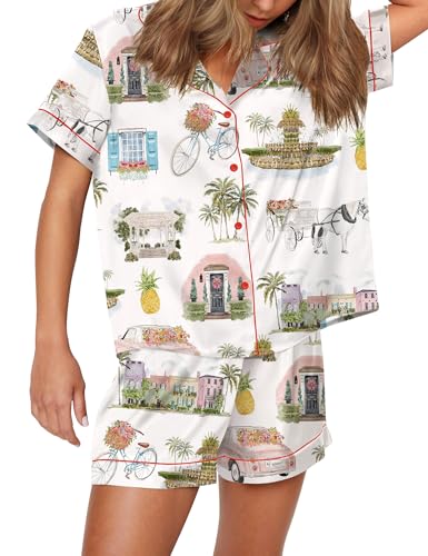 Image of SHESHOW Satin Pajamas for Women Set Preppy Animals Pjs Short Sleeve Shorts 2 Piece Loungewear Sets XS-XXL