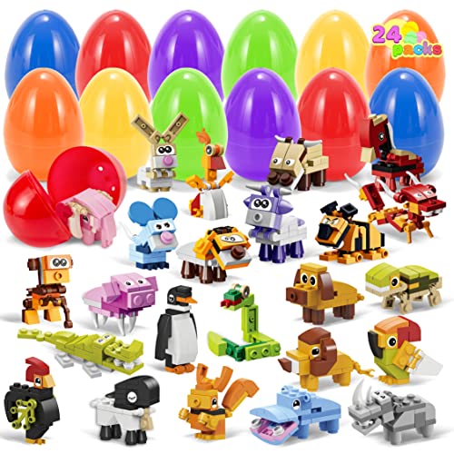 24 Packs Prefilled Easter Eggs with Toys, Cute Animals Building Blocks with 3.23