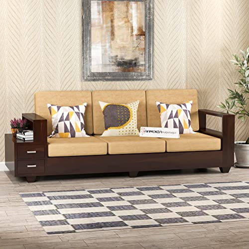 Image of Sheesham Wood 3 Seater Sofa | 3 Seater Sofa with 2 Drawer Storage | Wooden Sofa Set Furniture for Living Room Home Office (Walnut)