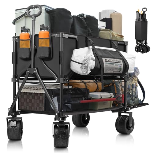 Double Decker Wagon Heavy Duty Collapsible, 600LBS 400L Capacity Foldable Utility Cart with Big Wheels for Beach, Outdoor, Camping & Gardening, Durable Steel Frame