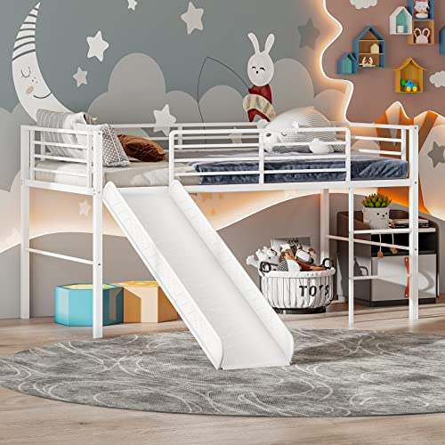 Giantex Twin Loft Bed with Slide, Metal Low Bunk Bed w/Safety Guardrails & Built-in Ladder, Toddler...