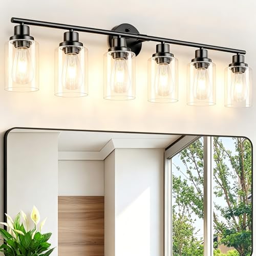 Image of 6-Light E26 Black Bathroom Vanity Lights, Modern Bathroom Light Fixtures with Clear Glass Shade, Wall Lamps for Mirror Hallway Kitchen Cabinet Living Room Sconces Lights