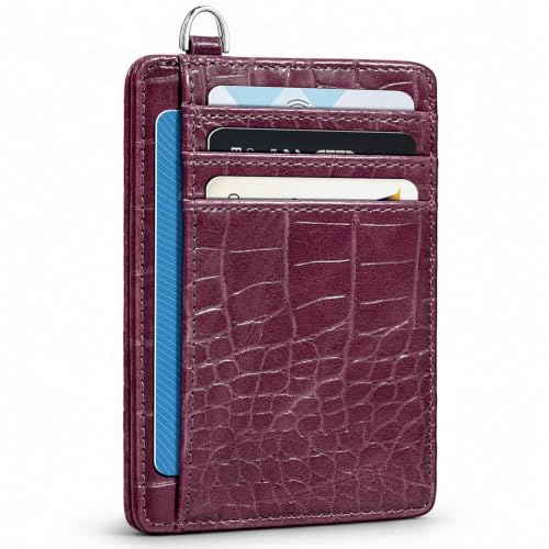 Image of Coco Rossi Crocodile Wallet Women Slim Credit Card Holder with Keychain | Luxury Wallets, Alligator Print, RFID Blocking, ID Case, Small Minimalist, Womens Girls Gift, Plum Croc