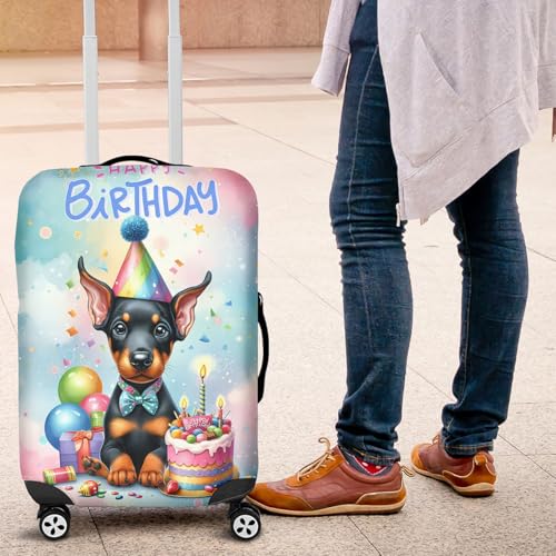 Personalized Custom Name Happy Birthday Cute Puppy Doberman Pinscher with Cake Gifts Party Hat Travel Luggage Cover Doberman Dog Lover Gifts Suitcase Dust Protective Decor - 000294