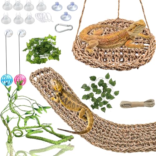 HERCOCCI Bearded Dragon Tank Accessories, Reptile Hammock Natural Seagrass Fiber Habitat Decor Flexible Vines Terrarium Toys for Climbing, for Anole Bearded Dragon Lizard Gecko