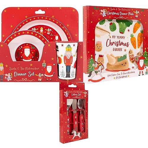 YöL Christmas Kids Toddler Dinner Set With Ceramic Plate and Cutlery Set Xmas Lunch Table Decoration Stocking Filler Bowl Cup Tumbler