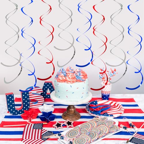 Image of 36 PCS Red Blue Silver Hanging Swirl, Sparkle Ceiling Hanging Decorations, Plastic Streamer Party Decorations with Double-Swirls for 4th of The July,Independence,250 Anniversary USA,Birthday Baseball