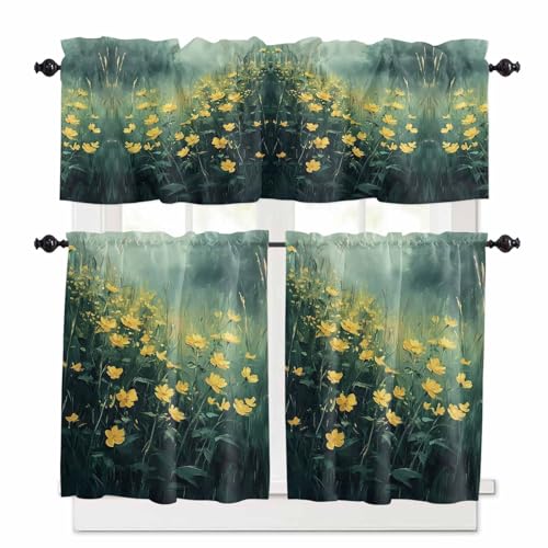 Spring Floral Kitchen Curtains 36 Inch Length,3 Piece Rod Pocket Small Half Tiers and Valance Set,Green Botanical Modern Oil Painting Yellow Small Large Window Treatment Decor for Bedroom/Bathroom