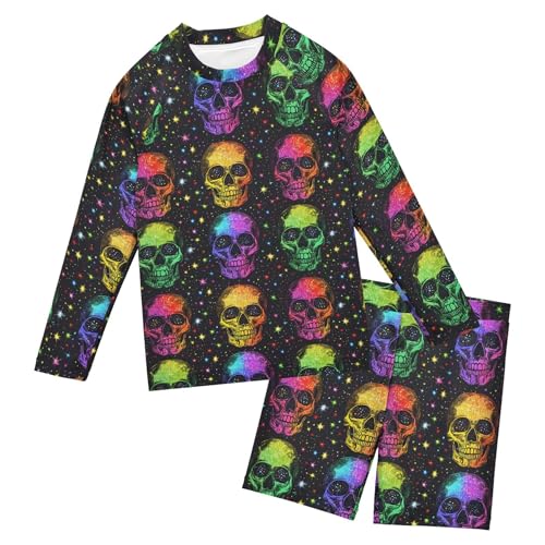 Sugar Skull Skeleton Colorful Toddler Boys' 2-Piece Swimsuit Trunk, Long Sleeve Rashguard Bathing Suit B0403450