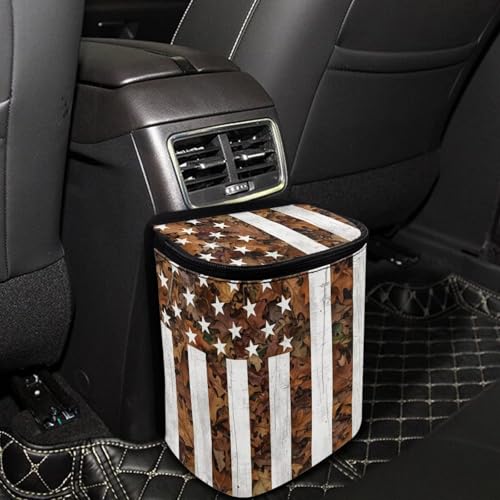 Image of Talayituse American Flag Hunting Camo Print Car Trash Can Portable Auto Garbage Bin Multifunctional Vehicle Interior Accessories with Adjustable Straps 4th of July Decor Universal Fit Truck SUV Sedan