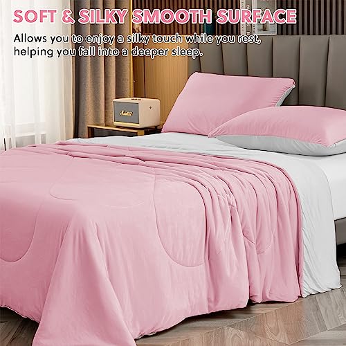 HOMFINE Cooling Comforter Japanese Double-Sided Cold Tech Fabric Cooling Blanket for Night Sweats Hot Sleepers, Q-Max 0.45 Soft Breathable Silky Smooth Lightweight Pink Summer Comforter King