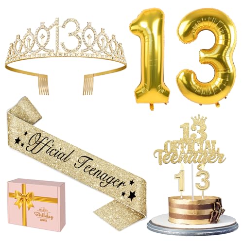 13th Birthday Decorations for Girls with 13th Birthday Crown, Official Teenager Sash, Candles and Cake Topper, Number Balloons, Teen Girl Gifts for 13 Year Old Girls
