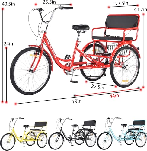 Triciclo para adultas de 24 pulgadas, 7 velocidades, tipo paseo, con asiento trasero intercambiable y canasto, marco trasero extendido de 44 pulgadas, acero de alto carbono miniatura 3