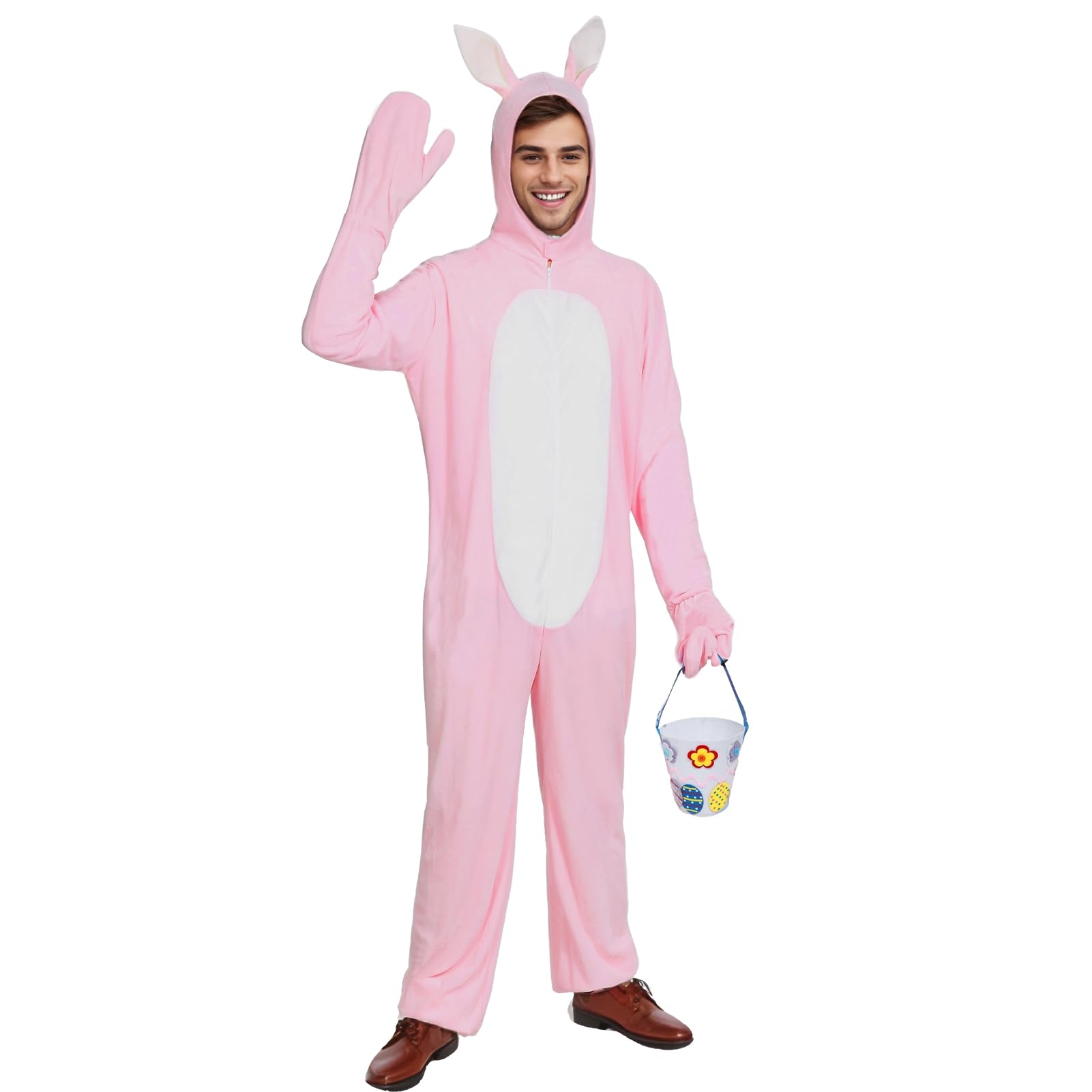 Crittygo Bunny Costume Adult, Easter Bunny Onesie with Basket, Pink Rabbit Costume for Easter Dress Up Men Women Rabbit Fancy Dress