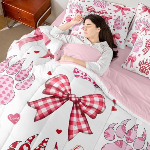 Image of Pink Bow Bedding Sets 7 Pcs Queen Watercolor Grid Bowknot Girly Comforter Set Pink Red Heart Kiss Leopard Paw Print All Season Comforter Flat Sheet Fitted Sheet 2 Pillowcases 2 Throw Pillow Covers