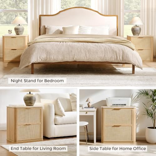 Image of Night Stand, 23.11 inch W Rattan Nightstand with 2 Drawers, Faux Marble Top Bedside Table, Boho Mid Century End Table for Bedroom Living Room Sofa Office, Natural Oak [FSC Certified]