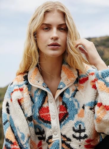 Printed Sherpa Jacket for Women Long Sleeve Button Down Fuzzy Fleece Coat Y2K Outerwear with Pockets4