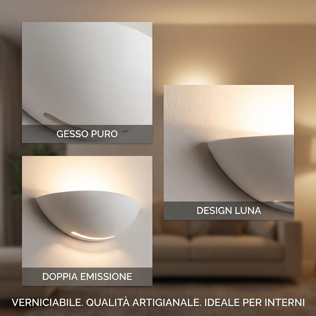 MAKA Applique Lampada da Parete in Gesso Luna Bianca, doppia luce attacco r7S max 50W(lampadina non inclusa),verniciabile per interni ideale per scale, soggiorno, cucina, ingresso