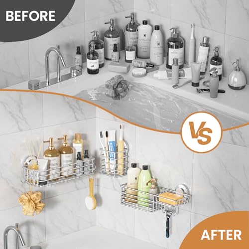 Image of LEVERLOC Shower Caddy Suction Cup, 3 Pack Heavy Duty Bathroom Organizer for Inside Shower with Hooks & Soap Holder, Removable Bathroom Organizer, Rustproof Silver Holder Storage,Silver