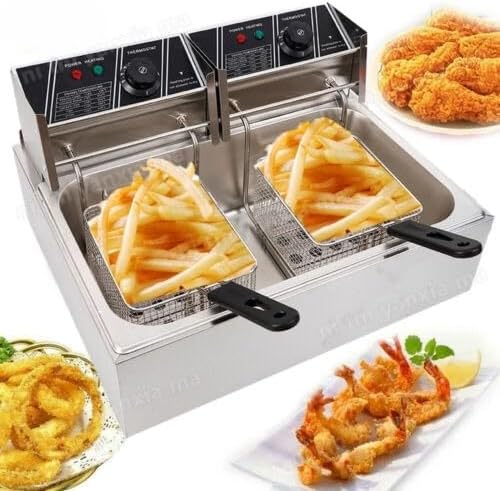 Freidora eléctrica profesional con 2 cestas, freidora de cocina de encimera de 5000 W, freidora eléctrica de doble tanque de 12 litros con tapa,