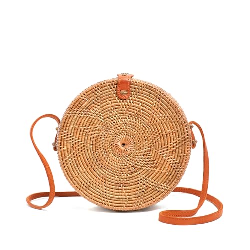 Image of Novum Crafts Round Rattan Bag for Women - Handmade Ata Wicker Woven Purse - Circle, Square, Oval Brown Straw Boho Bags