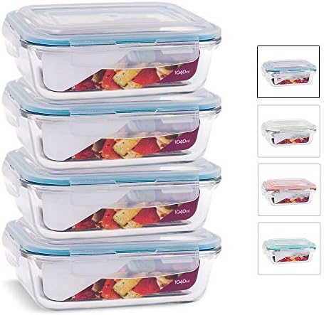 KIT 4 Potes de Vidro Retangular com Tampa Hermética 1040ml Cor:Az...