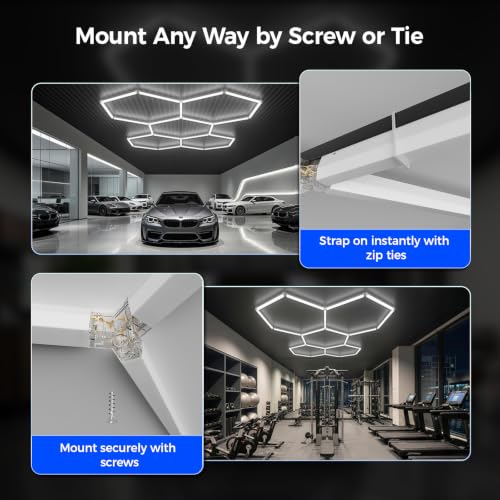 Gneng Hexagon Garage Lights, 6500K Ultra Bright LED Hexagon Lights, 156W 17280LM; Honeycomb Light for Garage, Barber, Workshop, Basement,Gym Lighting (5 Grids White Hex Light) - image 6