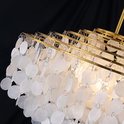 TOCHIC Capiz Shell Chandelier, 6 Lights Gold Coastal Light Fixture, Modern Chandelier for Dining Room, Round Layered Boho Pendant Light for Bedroom, Living Room, Foyer, Brass, 23.62" - Image 6