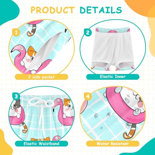 Cats with Flamingo Floaties Boys Swim Trunks with Compression Liner Quick Dry Bathing Bottom Kids Beach Shorts4