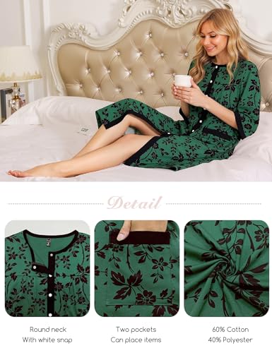 Image of Bloggerlove House Dress Women Cotton Snap Front Nightgown 3 /4 Sleeve Housecoat Duster Robe with Pockets Moomoo Patio Dress