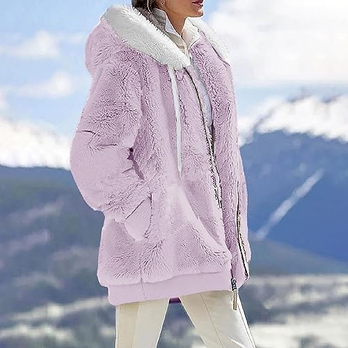 Fuzzy Fleece Jackets for Women Plus Size Hoodies Fall Winter Coats Color Block Patchwork Cardigan Coat with Pockets
