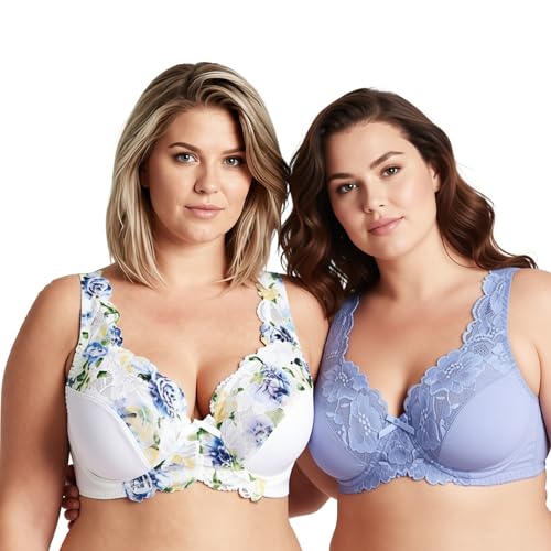 Image of Curve Muse Women's Minimizer Unlined Underwire Bra with Lace Embroidery-2 Pack