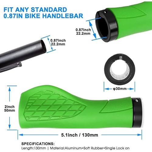 Bike Grips - Single Lock-on Bike Handle Grip | Non-Slip Comfort Mountain Ergonomic Bike Grips for Mountain Bike E-Bike Hybrid City Commuter Bikes (Green)
