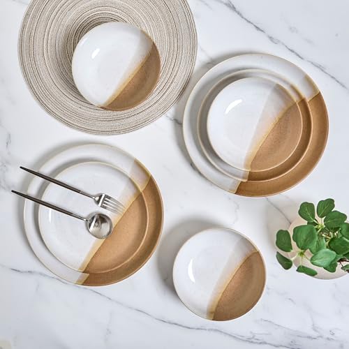 Image of Sango 12 Pieces Stoneware Dinnerware Set, Glossy Caramel & Cream Dishes for 4, Premium Plates and Bowls Sets, Chip & Scratch Resistant, Ceramic Kitchen Dish Set, Microwave & Dishwasher Safe, Phoebe