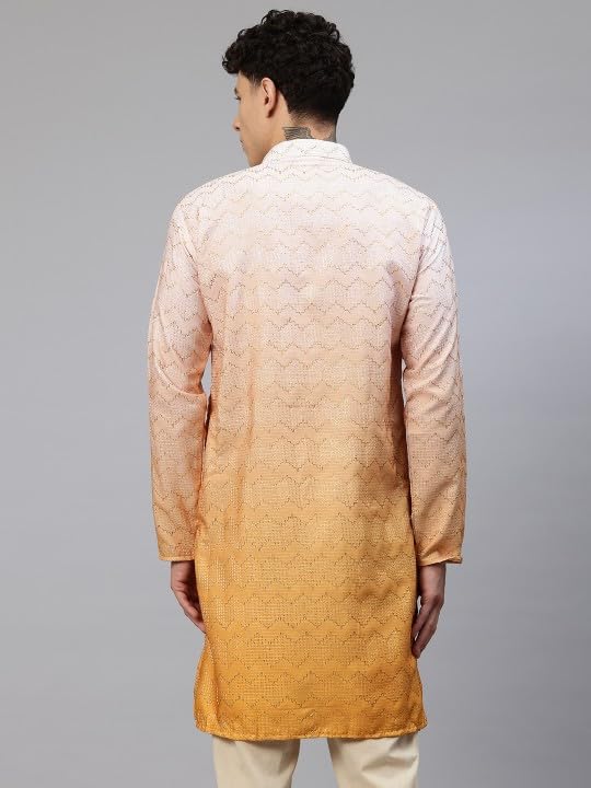 Image of Luxrio Men's Ombre Shaded Sequence Self Embroidered Textured Long Kurta Full Sleeves - Casual Ethnic Wear